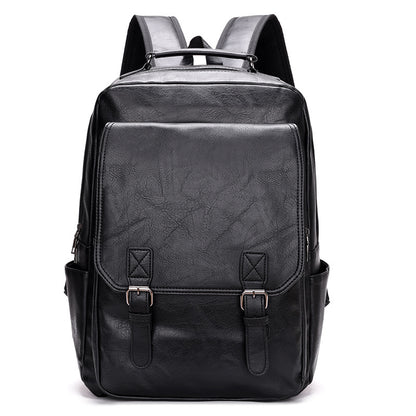 Feldacks black leather laptop backpack for city travel with buckle straps and multiple compartments