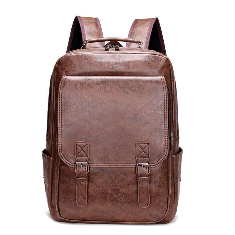 Feldacks brown leather laptop backpack for city travel with buckle straps and side pockets