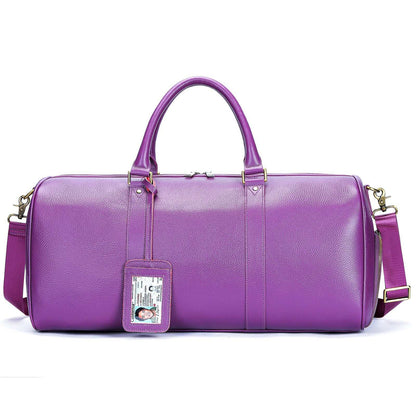Feldacks luxury leather duffel bag for men in vibrant purple with detachable shoulder strap and ID tag