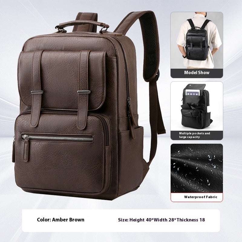 Feldacks mens leather travel backpack in amber brown with multiple pockets and waterproof fabric
