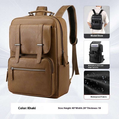 Feldacks mens leather travel backpack in khaki with multiple pockets and waterproof fabric