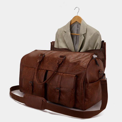 Feldacks brown leather men's suit travel bag carry on with multiple pockets and shoulder strap