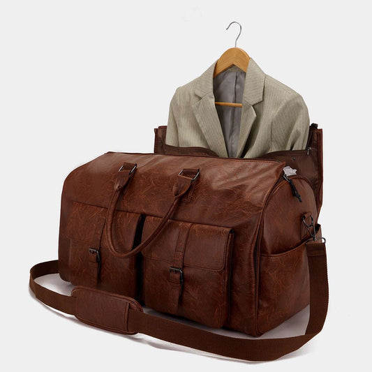 Feldacks brown leather men's suit travel bag carry on with multiple pockets and shoulder strap