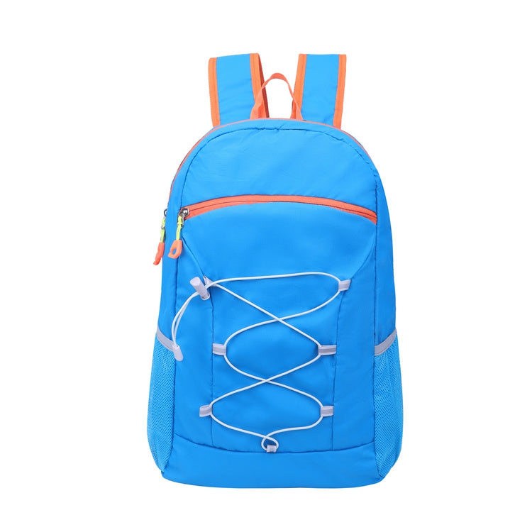 Feldacks blue multi-sport outdoor backpack with orange accents and front bungee cord storage