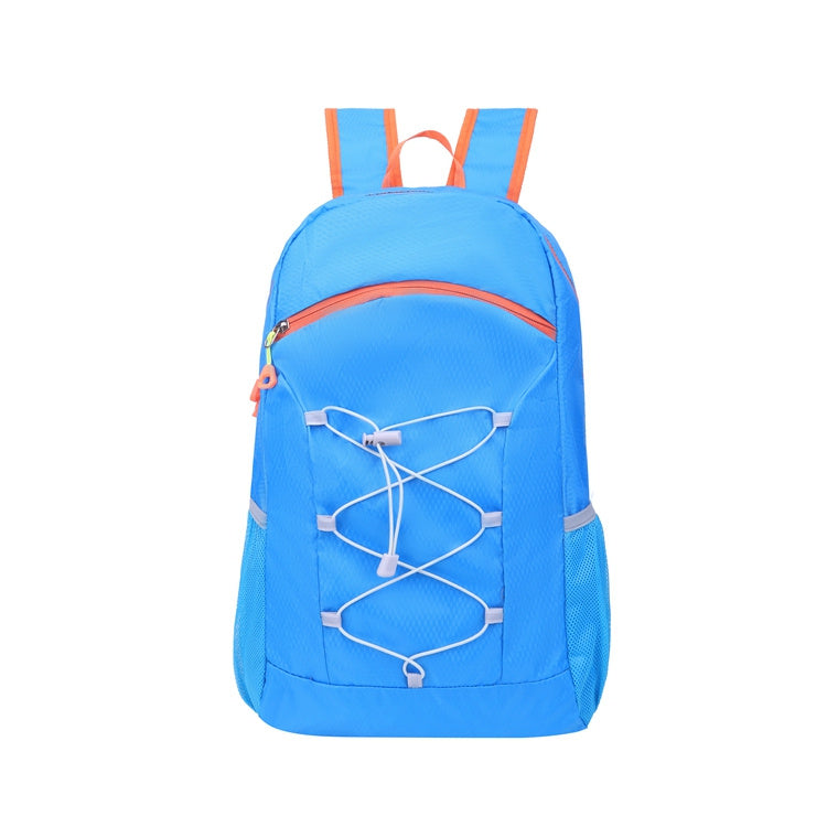 Feldacks blue multi-sport outdoor backpack with orange zipper and adjustable shoulder straps
