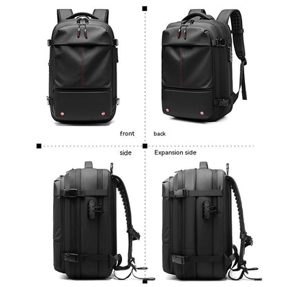 Feldacks carry-on backpack for frequent flyers shown from front, back, side, and expansion views in black
