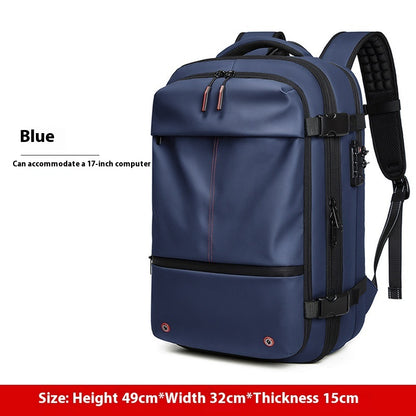 Blue Feldacks carry-on backpack for frequent flyers with padded straps and multiple compartments