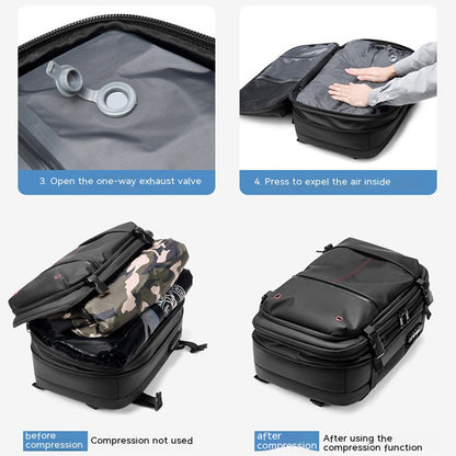 Feldacks carry-on backpack for frequent flyers showing one-way exhaust valve and compression function to save space