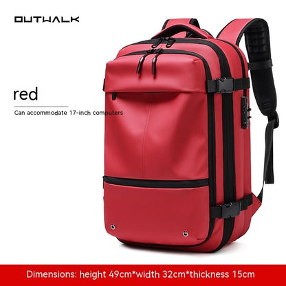 Red carry-on backpack for frequent flyers by Feldacks with padded straps and multiple compartments