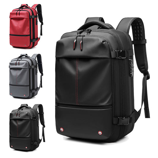 Feldacks carry-on backpack for frequent flyers available in black, red, and gray with multiple compartments