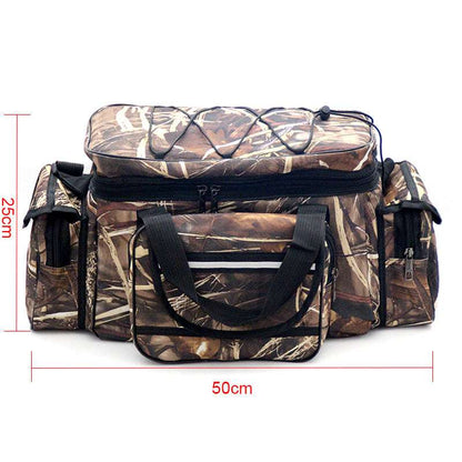 ProTrek angler bag with high capacity in camo print with multiple zippered compartments and sturdy handles