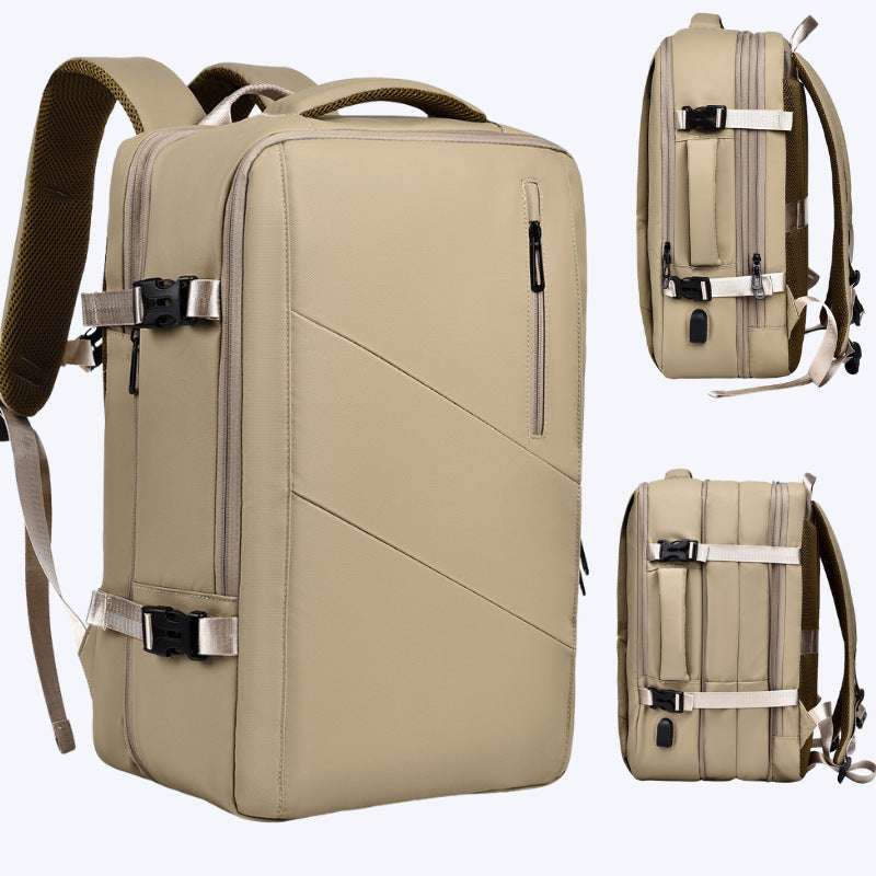 Feldacks scalable laptop backpack for professionals in beige with multiple compartments and adjustable straps
