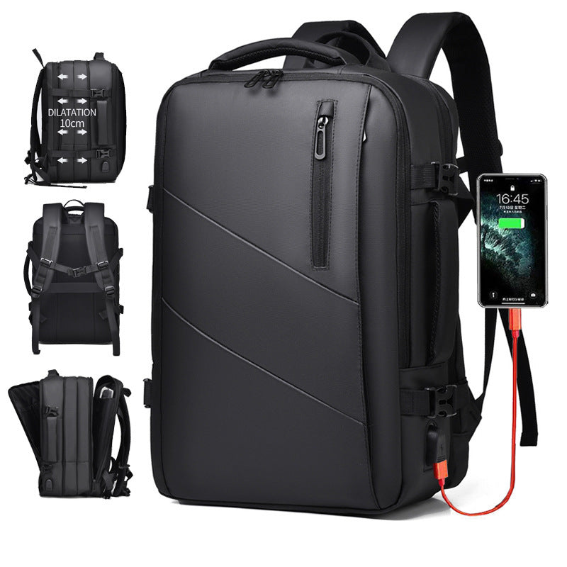 Feldacks scalable laptop backpack for professionals in black with USB charging port and expandable design