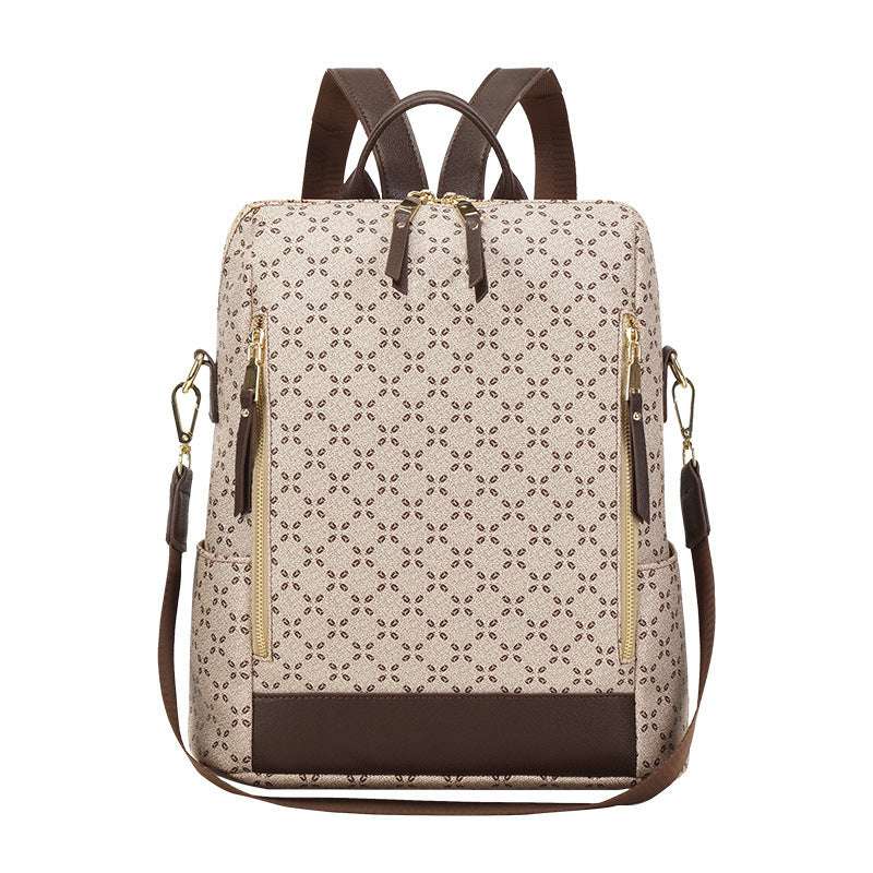 Feldacks stylish anti-theft travel bag with beige patterned design and brown accents backpack