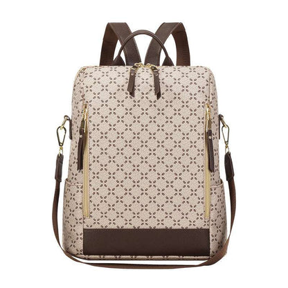 Feldacks stylish anti-theft travel bag with beige patterned design and brown accents backpack