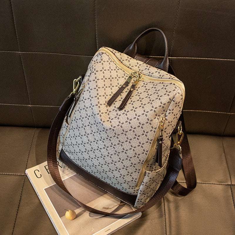 Feldacks stylish anti-theft travel bag backpack with patterned fabric and brown adjustable straps