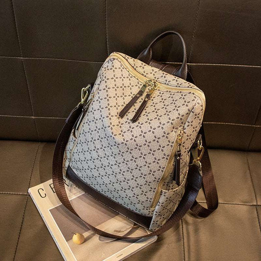 Feldacks stylish anti-theft travel bag backpack in beige with patterned design and brown straps