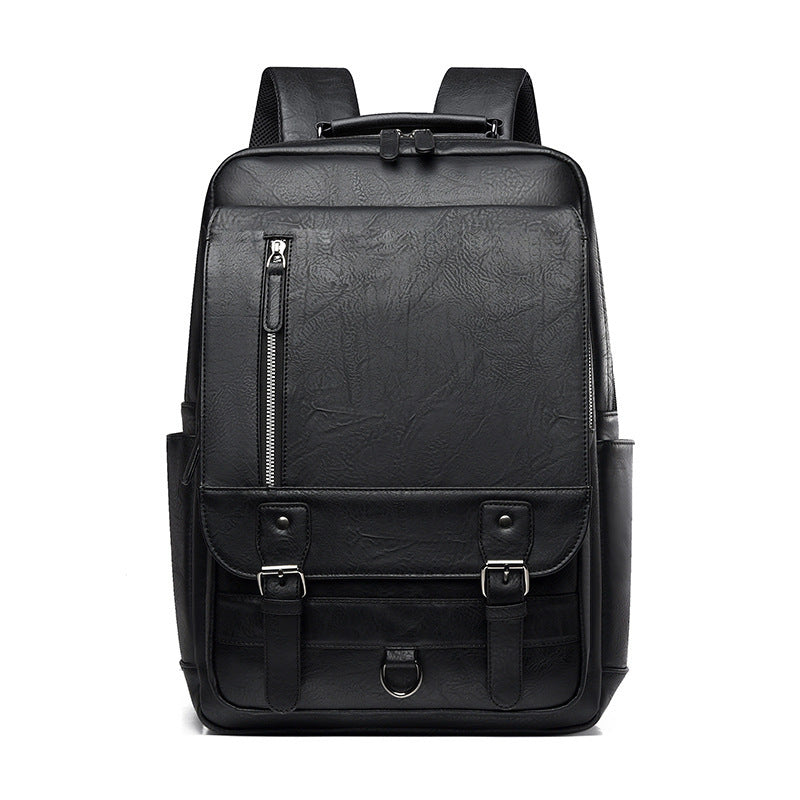 Feldacks black leather backpack styled as a stylish anti-theft work bag with front zipper and buckle pockets
