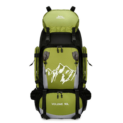 Green and black SummitPro outdoor backpack with 90L volume and mountain design for hiking