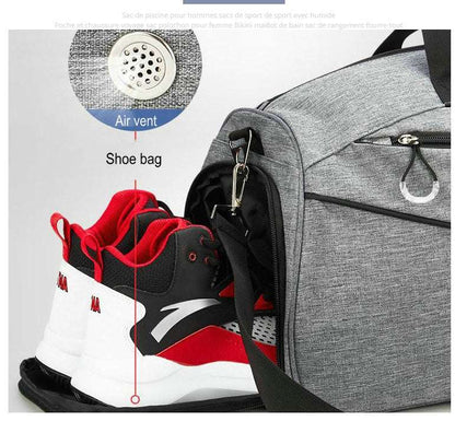 Feldacks travel fitness duffel bag in gray with separate ventilated shoe bag compartment and adjustable strap