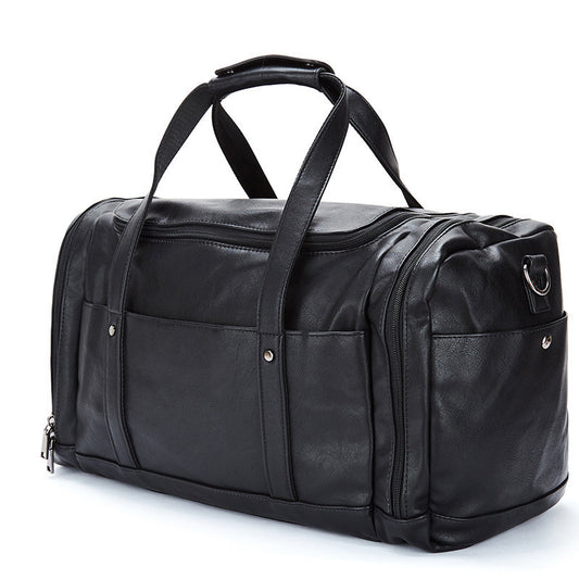 Feldacks black urban style PU leather weekend bag with sturdy handles and multiple compartments