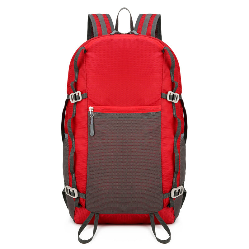 Feldacks red and gray lightweight backpack for trekking with multiple straps and front zip pocket
