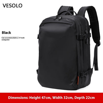 Feldacks black travel backpack with USB charging port and 17-inch laptop compartment