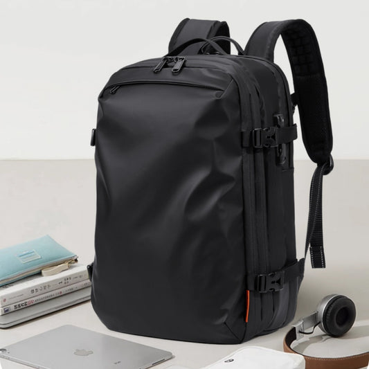 Feldacks black travel backpack with USB charging port featuring multiple compartments and padded shoulder straps