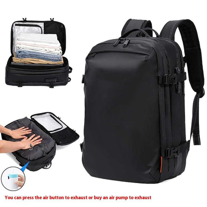 Feldacks black travel backpack with USB charging port featuring multiple compartments and compression straps