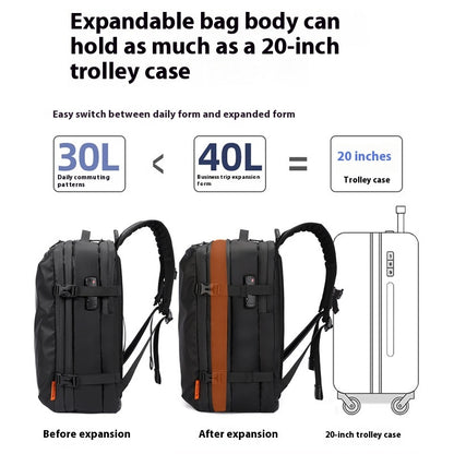 Feldacks travel backpack with USB charging port shown before and after expansion comparing size to 20 inch trolley case