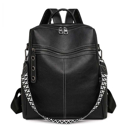 Feldacks black vintage style laptop backpack with front zipper and patterned shoulder strap