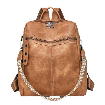 Feldacks vintage style laptop backpack in brown with front zipper pocket and patterned shoulder strap
