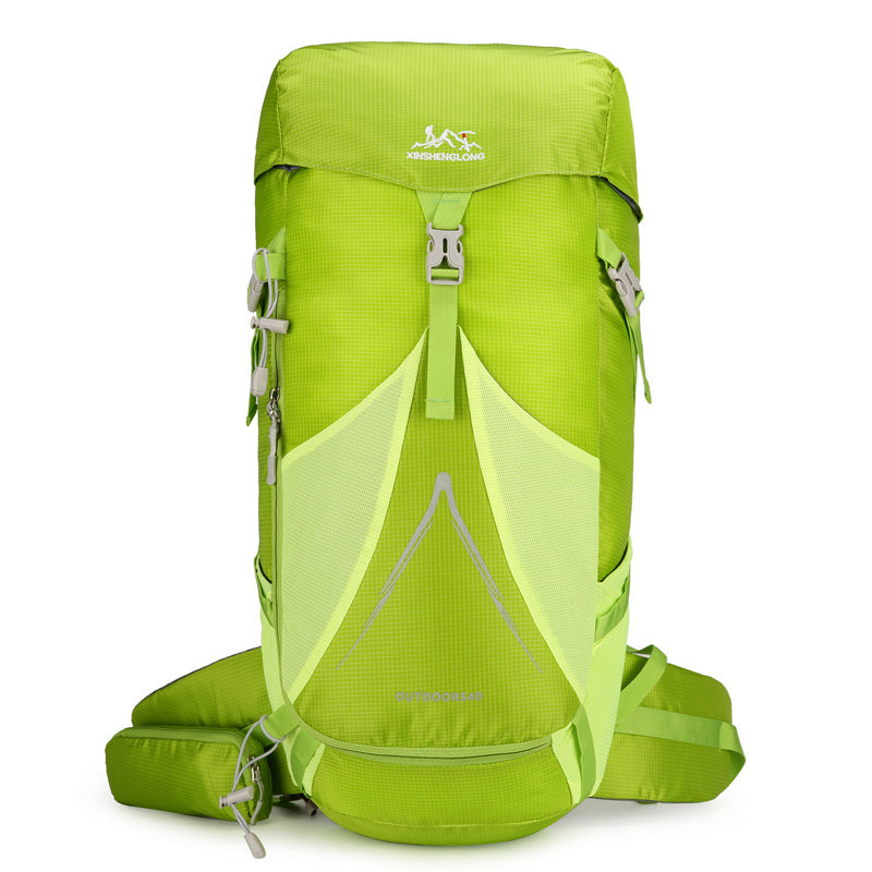 Feldacks durable backpack for hiking and camping in bright green with multiple straps and padded waist support